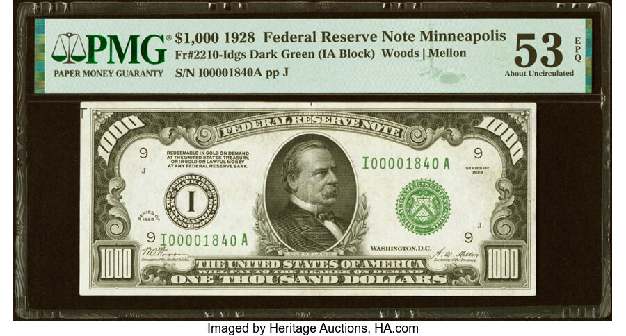 Fr. 2210-I $1,000 1928 Federal Reserve Note. PMG About Uncirculated 53 EPQ....