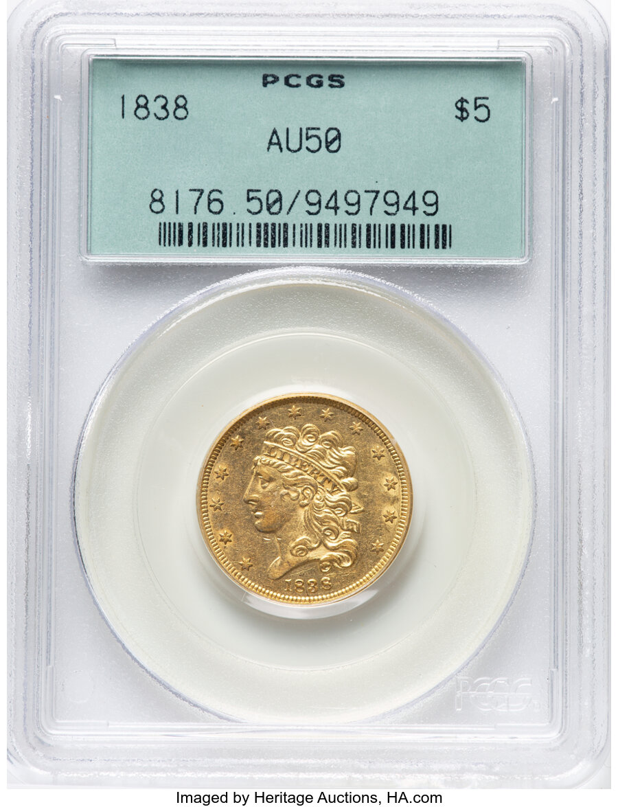 image for: 1838 $5 HM-2, R.3, AU50 PCGS. Housed in an old green-label holder. PCGS Population: (71/228).  Mintage 286,588....