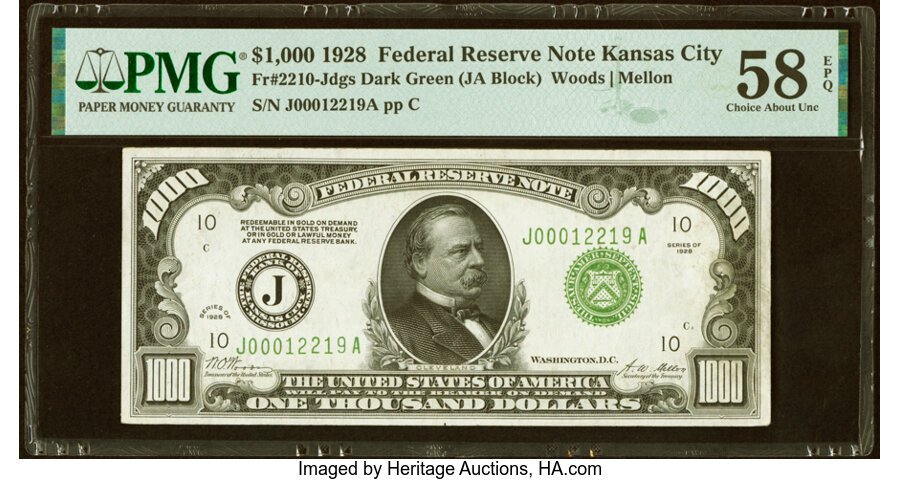Fr. 2210-J $1,000 1928 Federal Reserve Note. PMG Choice About Unc 58 EPQ....