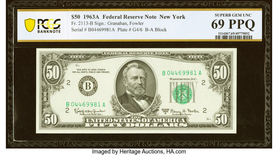 image for: Fr. 2113-B $50 1963A Federal Reserve Note. PCGS Banknote Superb Gem Unc 69 PPQ....