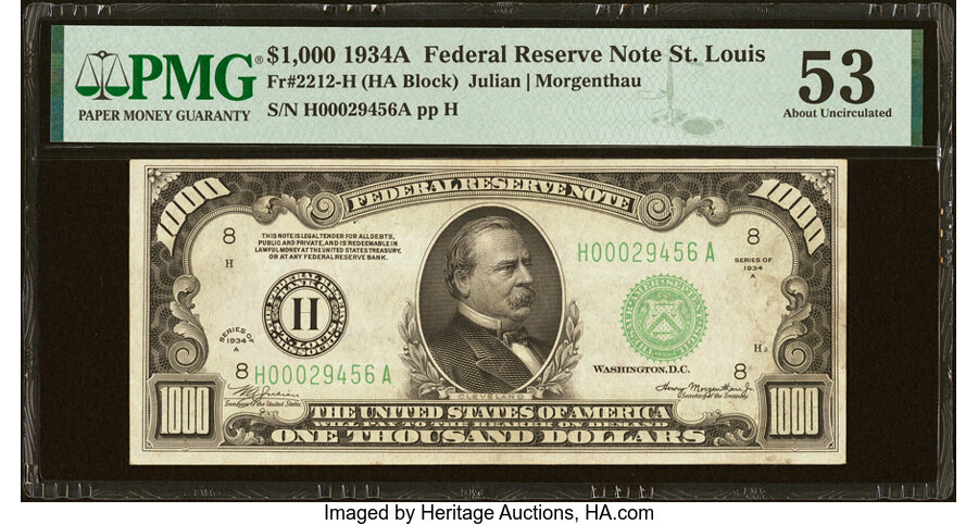 Fr. 2212-H $1,000 1934A Federal Reserve Note. PMG About Uncirculated 53....