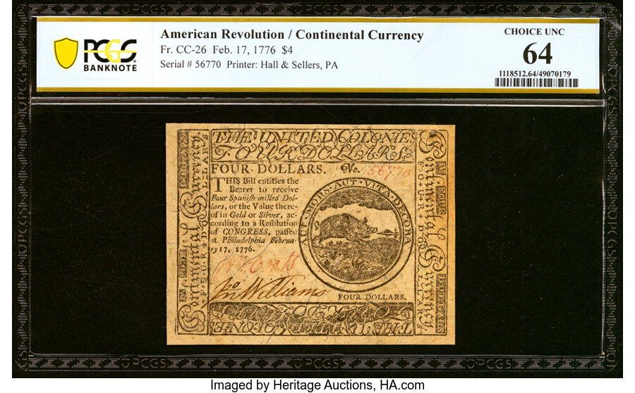 Continental Currency February 17, 1776 $4 PCGS Banknote Choice Unc 64....