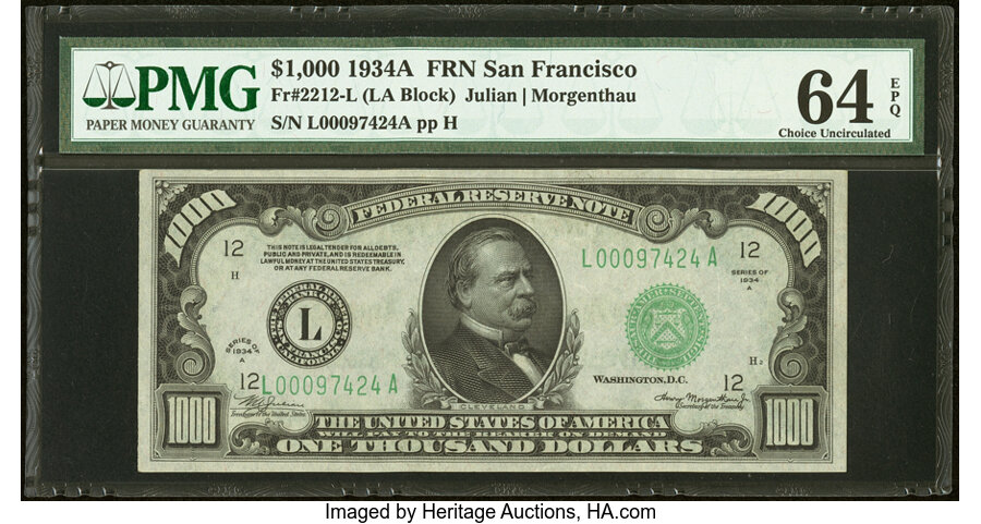 Fr. 2212-L $1,000 1934A Federal Reserve Note. PMG Choice Uncirculated 64 EPQ....