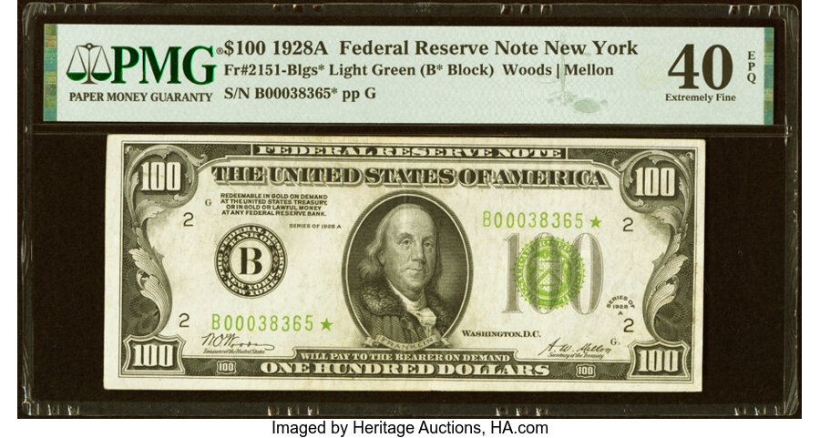 Fr. 2151-B* $100 1928A Light Green Seal Federal Reserve Star Note. PMG Extremely Fine 40 EPQ....