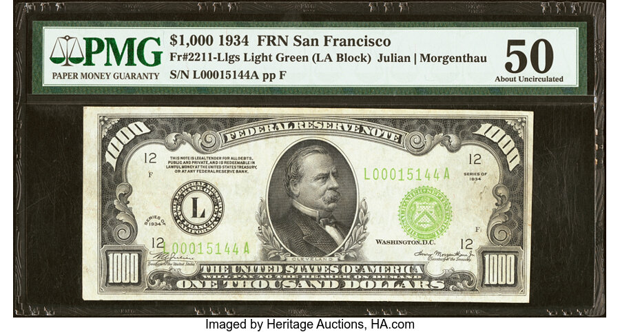 Fr. 2211-L $1,000 1934 Light Green Seal Federal Reserve Note. PMG About Uncirculated 50....