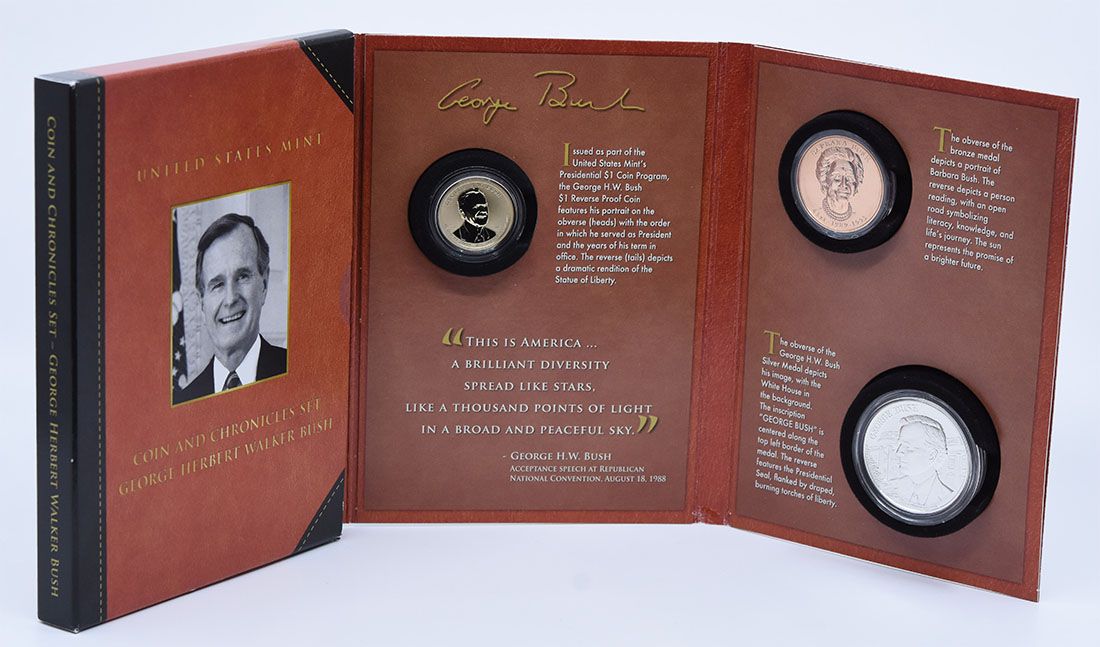 2020-P,S Set George H.W. Bush Coin & Chronicles, 4 Items (Coin, 2 Medals, Stamp) Rev PR