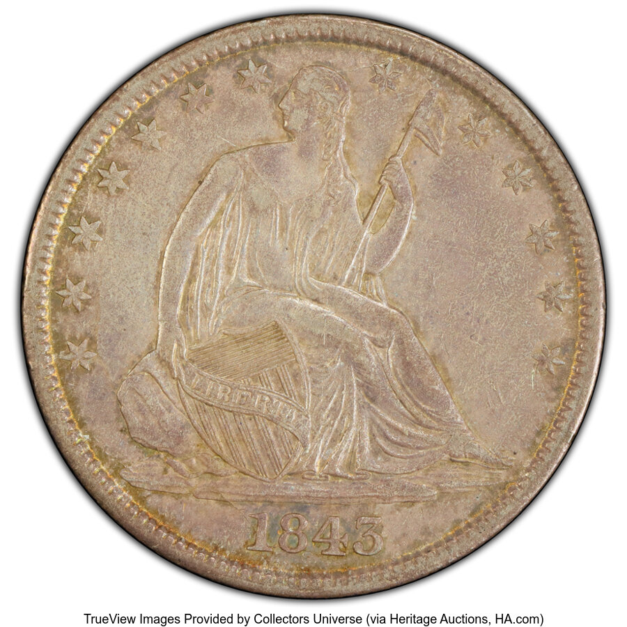 image for: 1843 50C WB-102, Die Pair 18, R.3, AU53 PCGS. Ex: Dick Osburn Collection. Numerous bold die cracks are seen on both the obv...