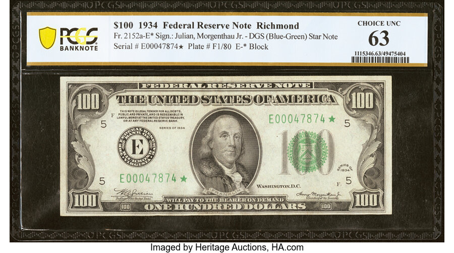 Fr. 2152-E* $100 1934 Federal Reserve Star Note. PCGS Banknote Choice Unc 63....