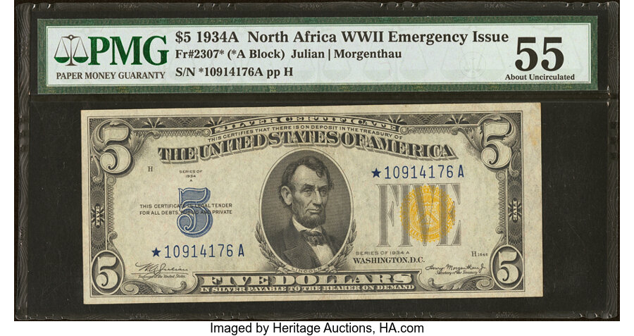 Fr. 2307* $5 1934A North Africa Silver Certificate Star. PMG About Uncirculated 55....