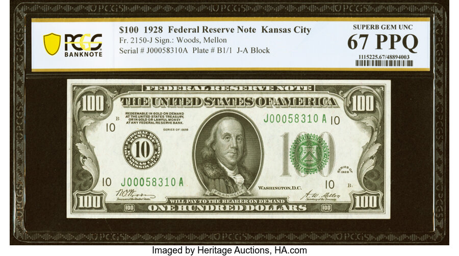 Fr. 2150-J $100 1928 Federal Reserve Note. PCGS Banknote Superb Gem Unc 67 PPQ....