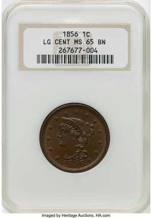 image for: 1856 1C Large Cent, Upright 5, N-6, R.1, MS65 Brown NGC. NGC Census: (9/1). Mintage 2,690,463....
