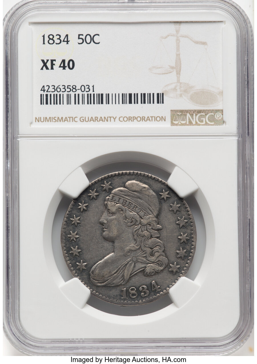 1834 50C Large Date, Large Letters, O-102, R.1, XF40 NGC. NGC Census: (3/34)....