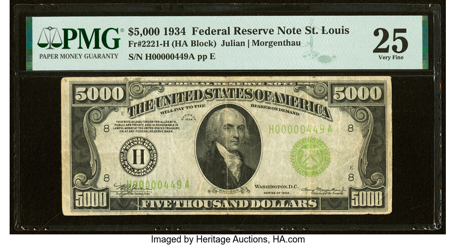 Fr. 2221-H $5,000 1934 Federal Reserve Note. PMG Very Fine 25....