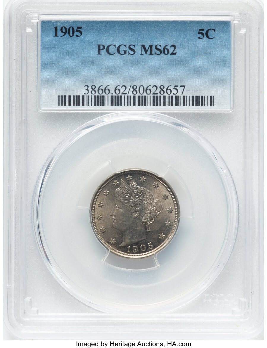 1905 5C MS62 PCGS. Mintage 29,827,276. ...