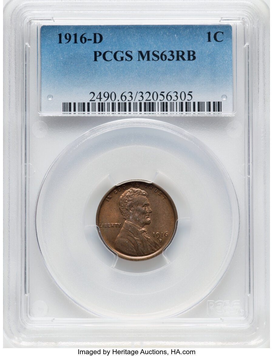 1916-D 1C MS63 Red and Brown PCGS. Mintage 35,956,000. ...