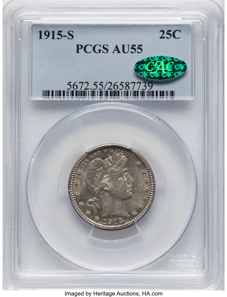 1915-S 25C AU55 PCGS. CAC. CAC Population: (7/46). Mintage 704,000. ...