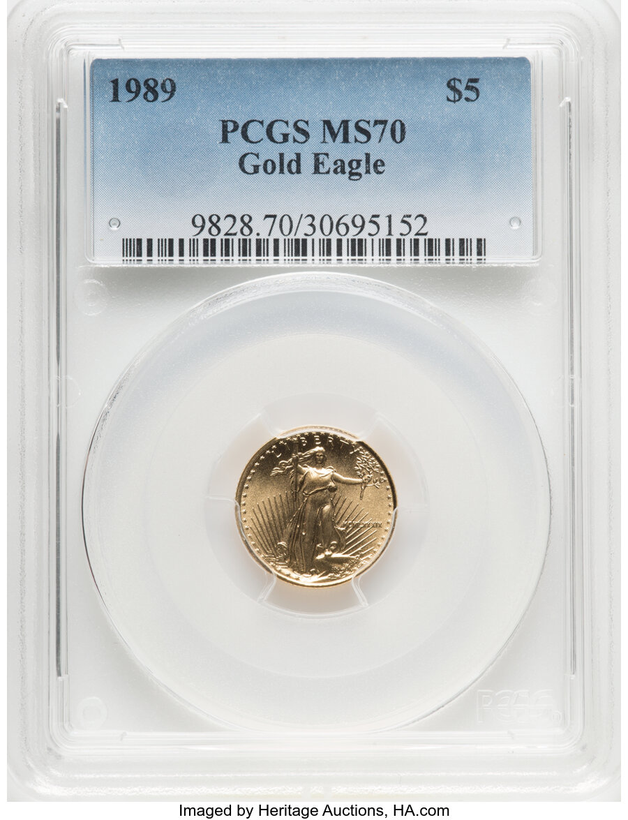 1989 $5 Tenth-Ounce Gold Eagle MS70 PCGS. Mintage 264,790. ...