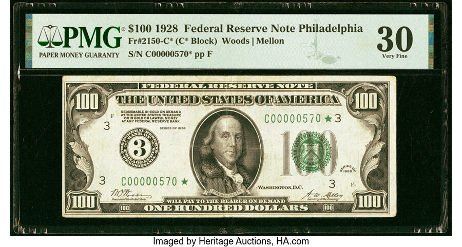 Low Serial Number 570 Fr. 2150-C* $100 1928 Federal Reserve Star Note. PMG Very Fine 30....