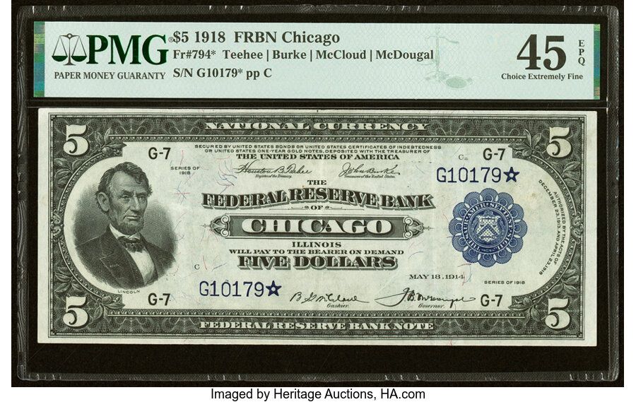 image for: Fr. 794* $5 1918 Federal Reserve Bank Star Note PMG Choice Extremely Fine 45 EPQ....