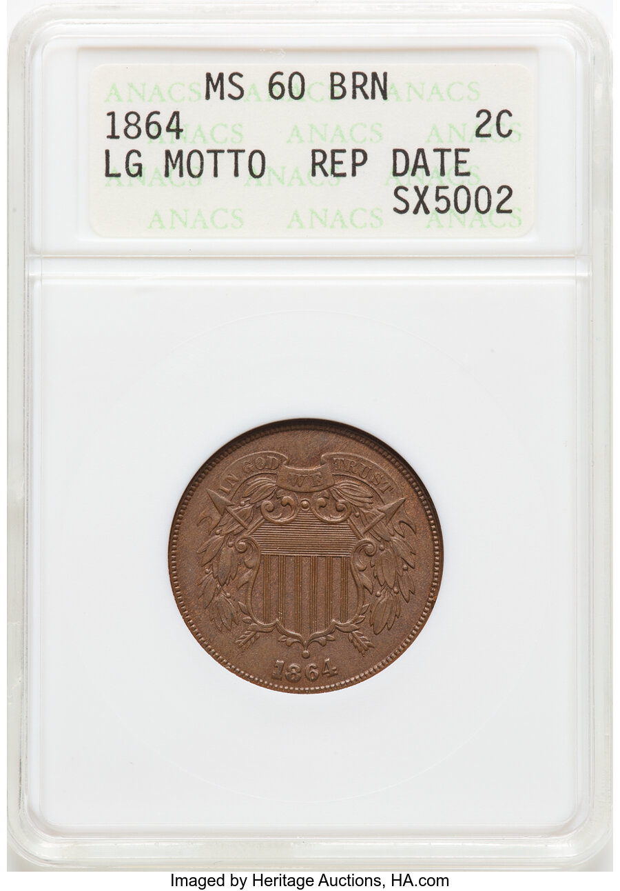 image for: 1864 2C Large Motto, Repunched Date, FS-1302, MS60 Brown ANACS.  The entire date is punched at least three times, with seco...