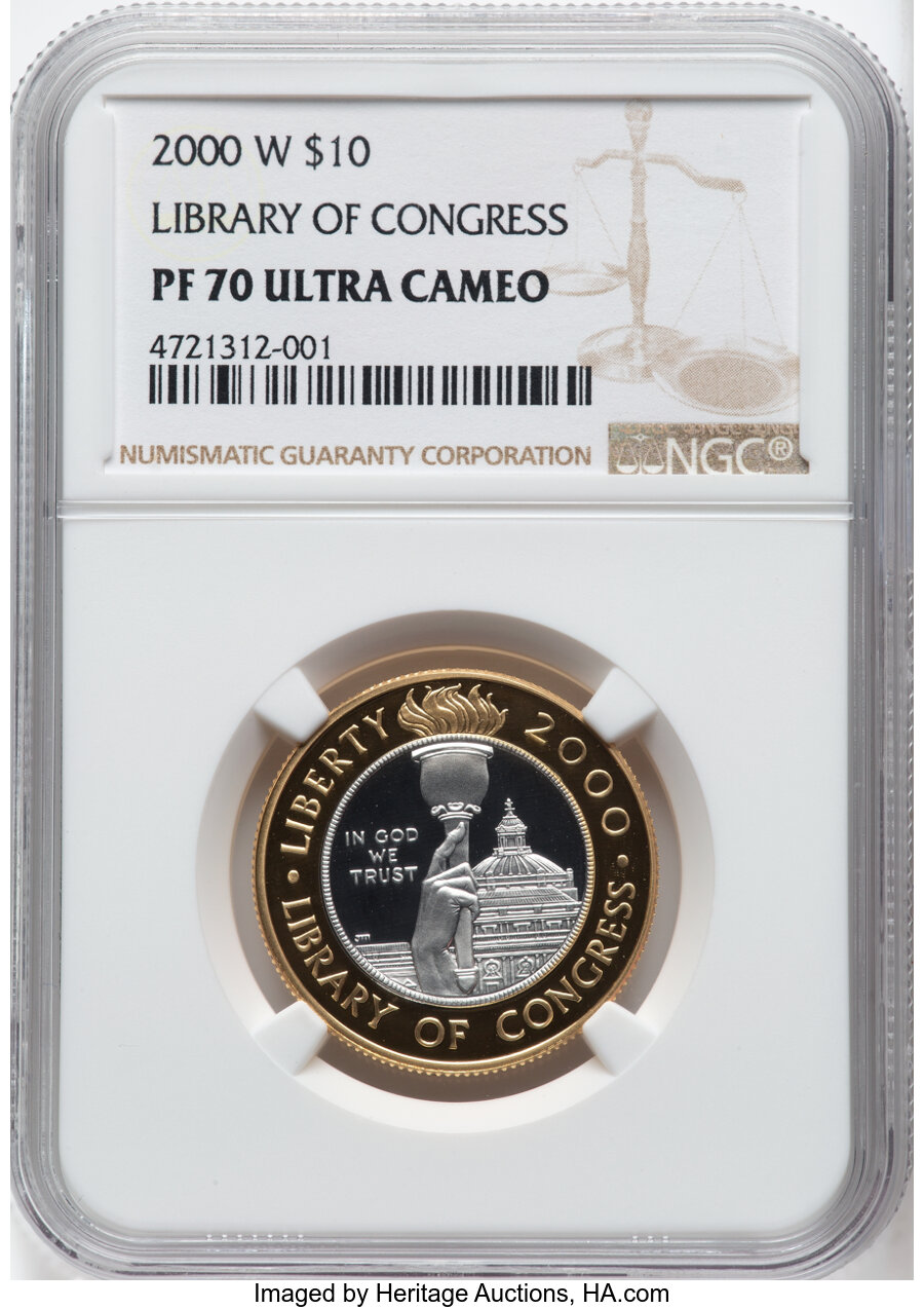 2000-W $10 Library of Congress Bimetallic Ten Dollar PR70 Ultra Cameo NGC. Mintage 27,445. ...