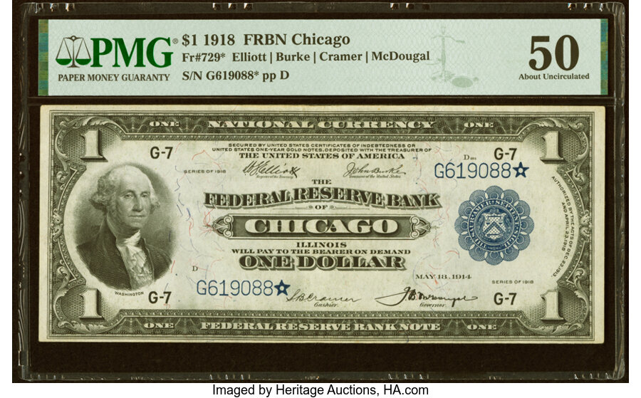 image for: Fr. 729* $1 1918 Federal Reserve Bank Star Note PMG About Uncirculated 50....