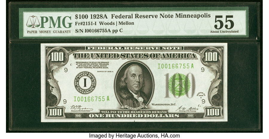 Fr. 2151-I $100 1928A Federal Reserve Note. PMG About Uncirculated 55....