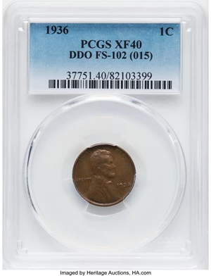image for: 1936 1C Doubled Die Obverse, FS-102, XF40 PCGS. (015). PCGS Population: (12/27). NGC Census: (15/19). XF40. Mintage 309,637...