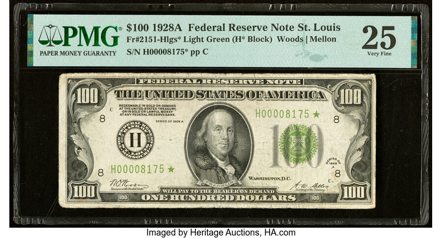 Fr. 2151-H* $100 1928A Light Green Seal Federal Reserve Star Note. PMG Very Fine 25....