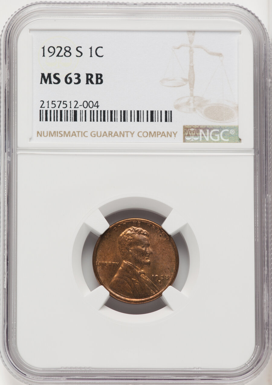 1928-S 1C MS63 Red and Brown NGC. Mintage 17,266,000. ...