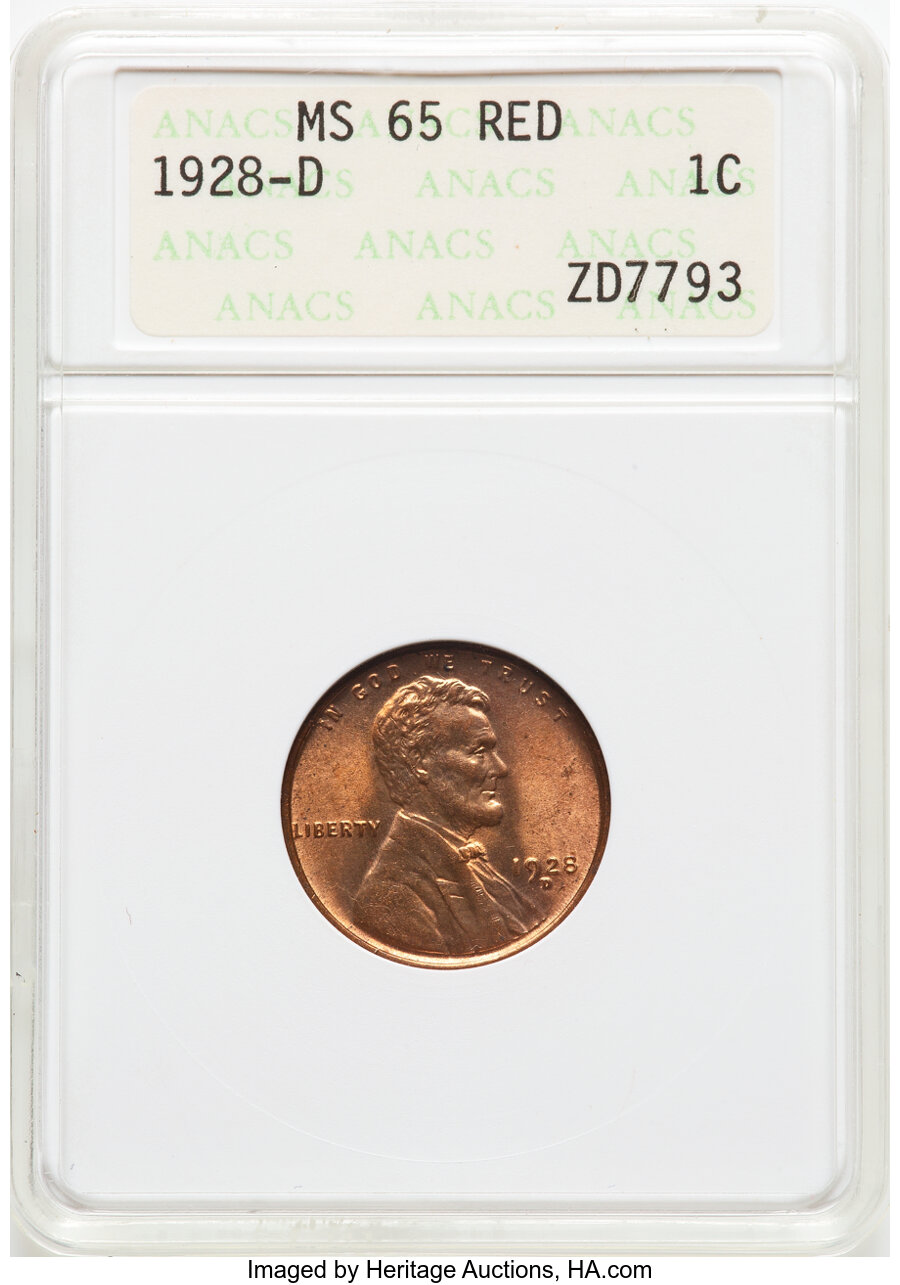 1928-D 1C MS65 Red ANACS. Mintage 31,170,000. ...