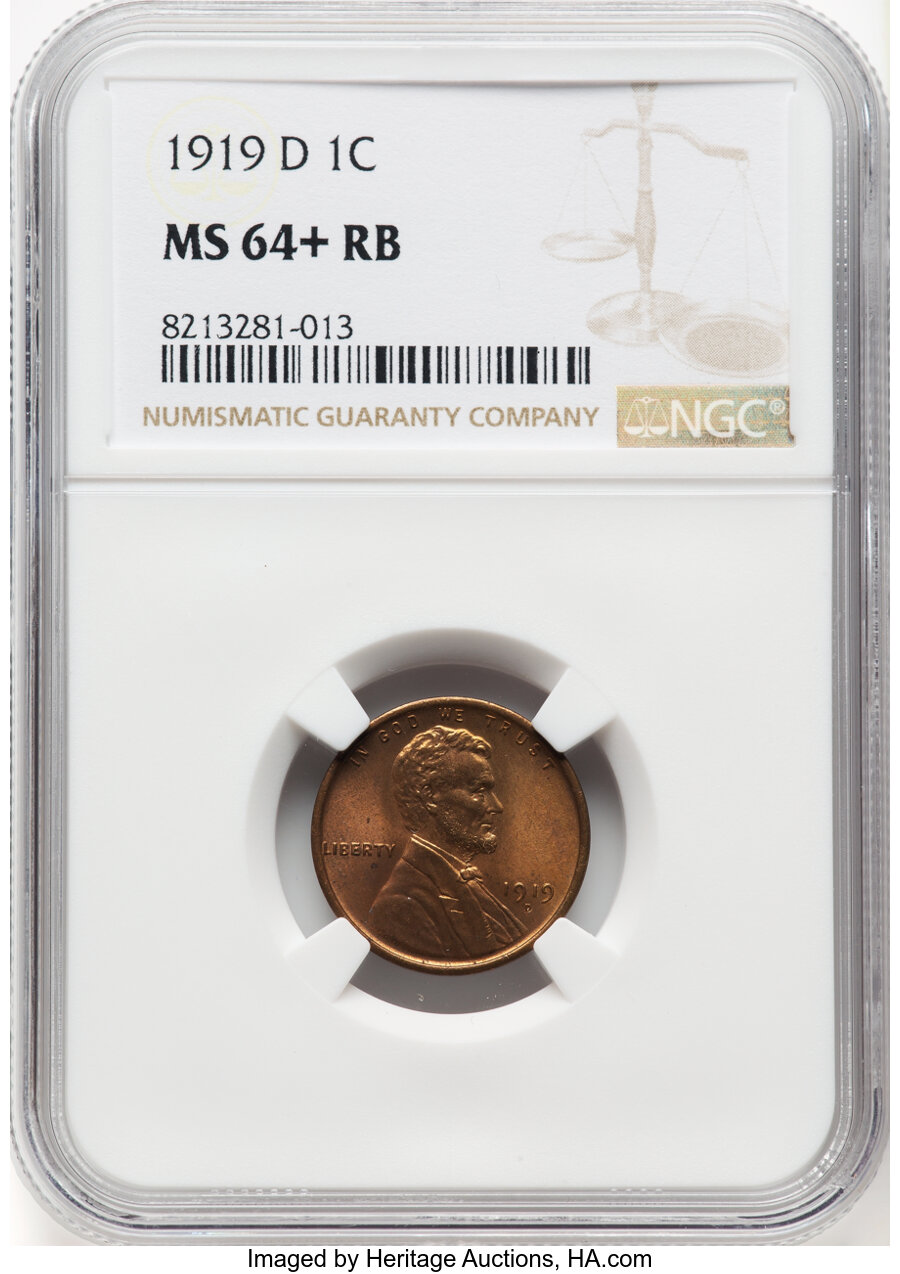 1919-D 1C MS64+ Red and Brown NGC. Mintage 57,154,000. ...
