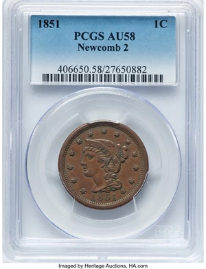 image for: 1851 1C N-2, R.1, AU58 PCGS. PCGS Population: (2/6). Mintage 9,889,707. ...