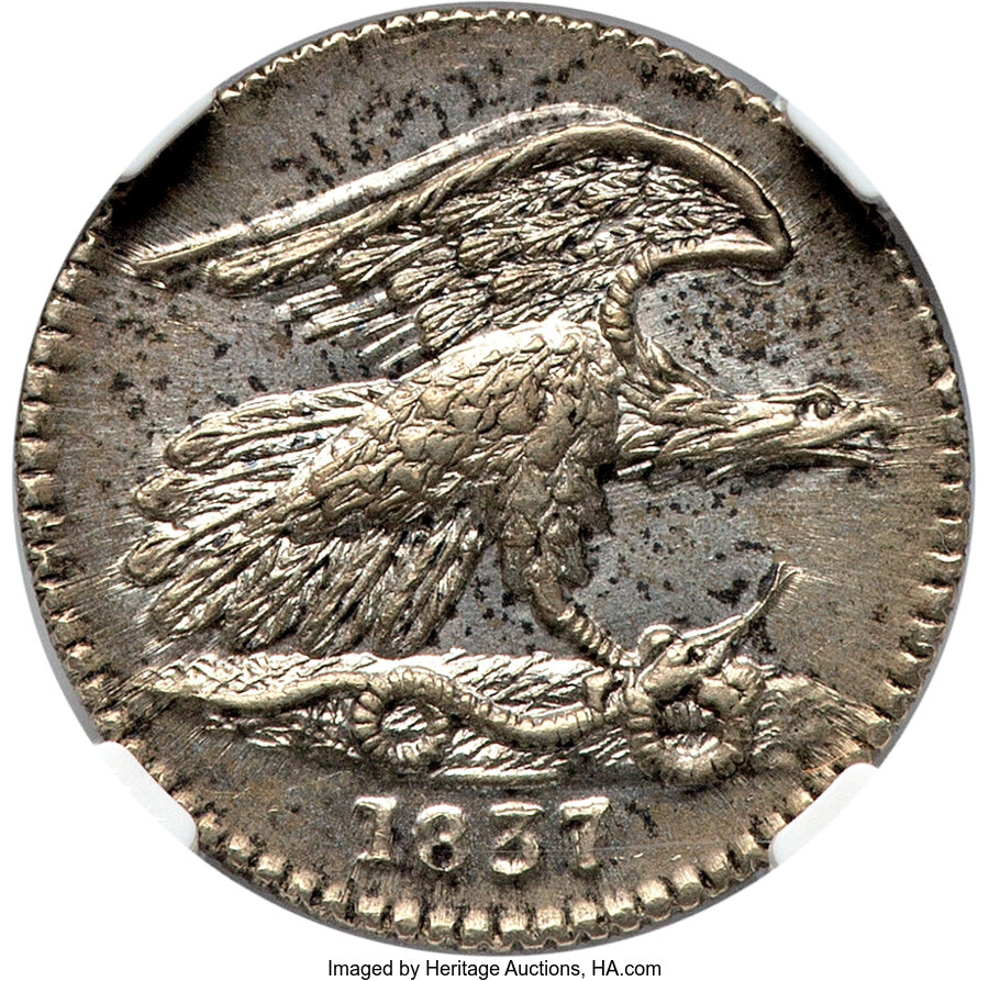 1837 Feuchtwanger One Cent, Low-120, HT-268, W-NY-480, Dies 5-H, R.3, MS64 NGC. Feuchtwanger's composition (German silver), ...