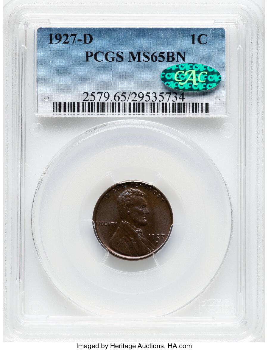 1927-D 1C MS65 Brown PCGS. CAC. CAC Population: (12/1). Mintage 27,170,000. ...