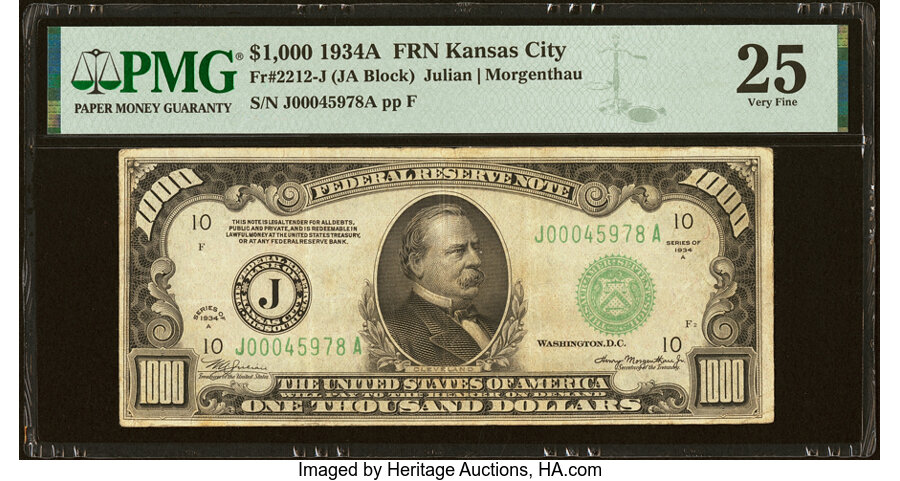 Fr. 2212-J $1,000 1934A Federal Reserve Note. PMG Very Fine 25....