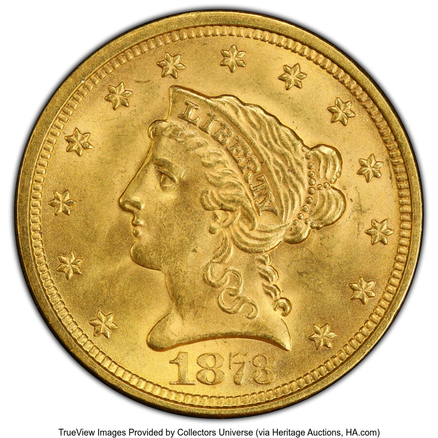 1873 $2 1/2 Closed 3 MS64 PCGS. PCGS Population: (61/22 and 7/3+). Mintage 1. ...