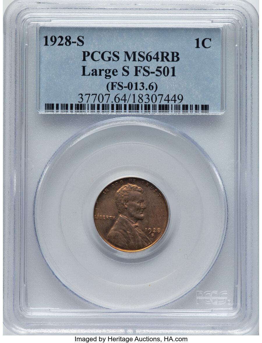 1928-S 1C Large S, FS-501, MS64 Red and Brown PCGS. (FS-013.6). PCGS Population: (13/1). NGC Census: (0/0). CDN: $600 Whsle...
