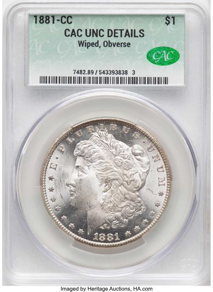 1881-CC $1 -- Wiped,Obverse -- CACG Details. Unc. Mintage 296,000....