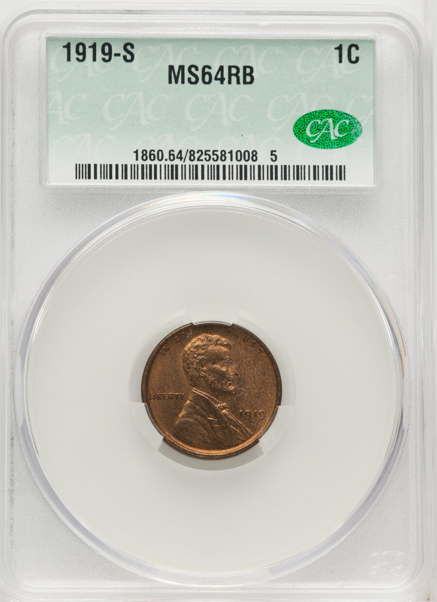 1919-S 1C MS64 Red and Brown CACG. Mintage 139,760,000. ...