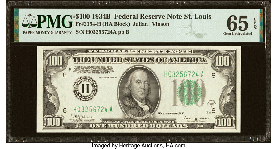 Fr. 2154-H $100 1934B Federal Reserve Note. PMG Gem Uncirculated 65 EPQ....
