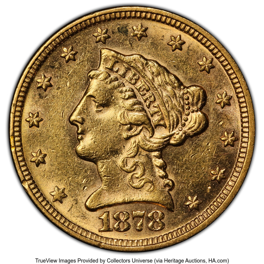 1878 $2 1/2 AU55 PCGS. Mintage 286,260. ...