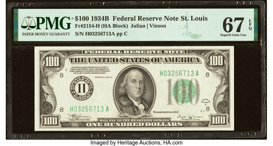 Fr. 2154-H $100 1934B Federal Reserve Note. PMG Superb Gem Unc 67 EPQ....