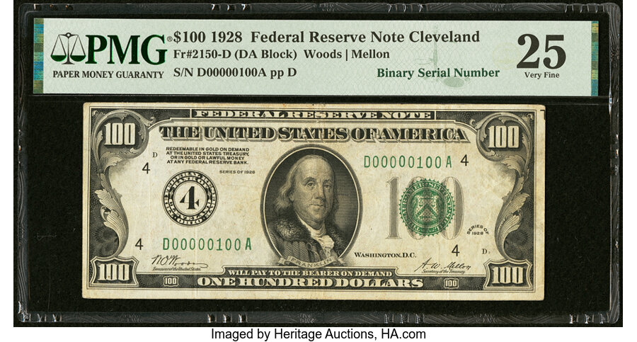 Low Binary Serial Number 100 Fr. 2150-D $100 1928 Federal Reserve Note. PMG Very Fine 25....