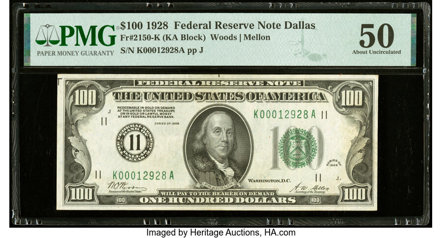 Fr. 2150-K $100 1928 Federal Reserve Note. PMG About Uncirculated 50....