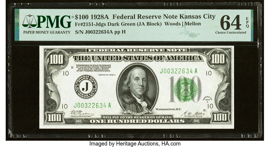 Fr. 2151-J $100 1928A Federal Reserve Note. PMG Choice Uncirculated 64 EPQ....