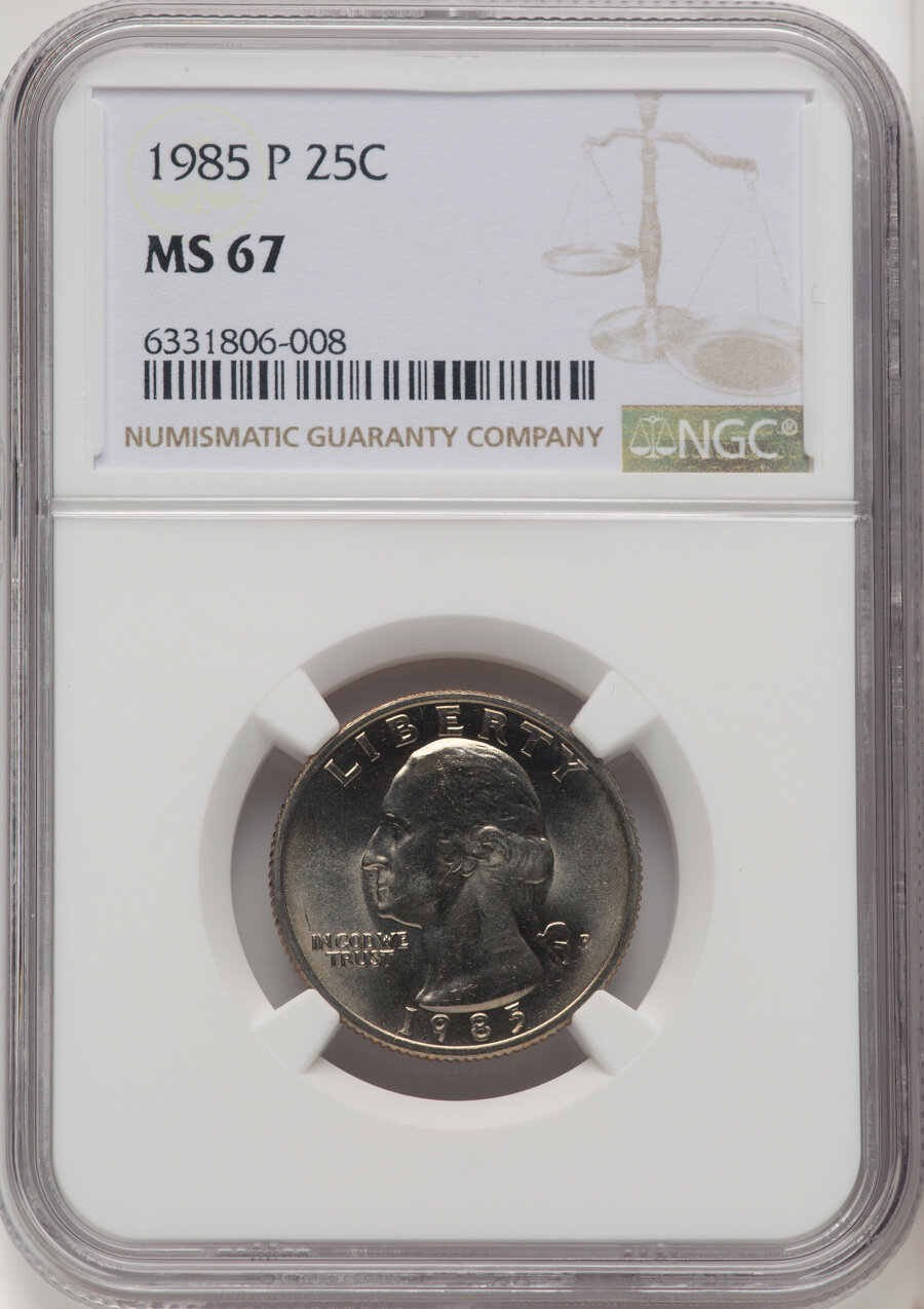 1985-P 25C MS67 NGC. NGC Census: (56/1). Mintage 775,818,962. ...