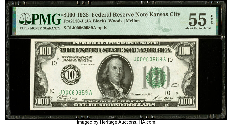 Fr. 2150-J $100 1928 Federal Reserve Note. PMG About Uncirculated 55 EPQ....