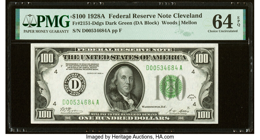 Fr. 2151-D $100 1928A Federal Reserve Note. PMG Choice Uncirculated 64 EPQ....