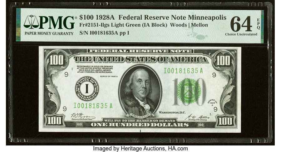 Fr. 2151-I $100 1928A Federal Reserve Note. PMG Choice Uncirculated 64 EPQ....